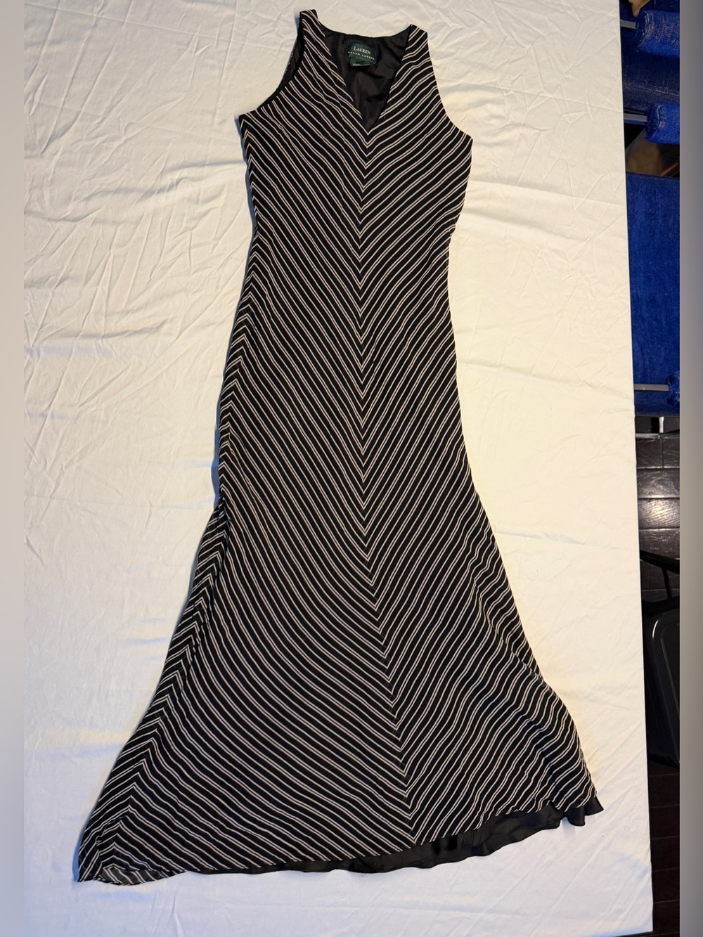 Vintage 90’s Silk Lauren by Ralph Lauren Black Maxi Dress with White Chevron